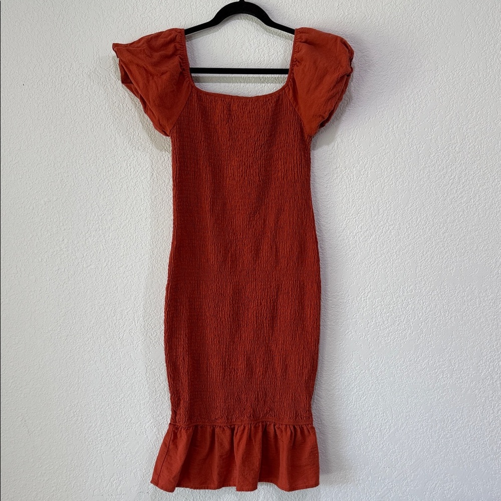 Simplee Smocked Puff Sleeve Midi Dress Rust Cotton Cottagecore Prairie Large